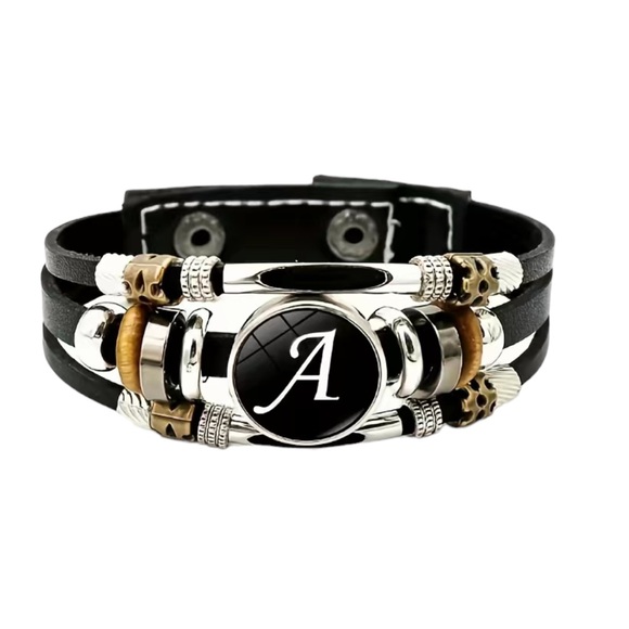 Punk Style Leather Letter A Black and Silver Unisex Bracelet - Picture 3 of 4